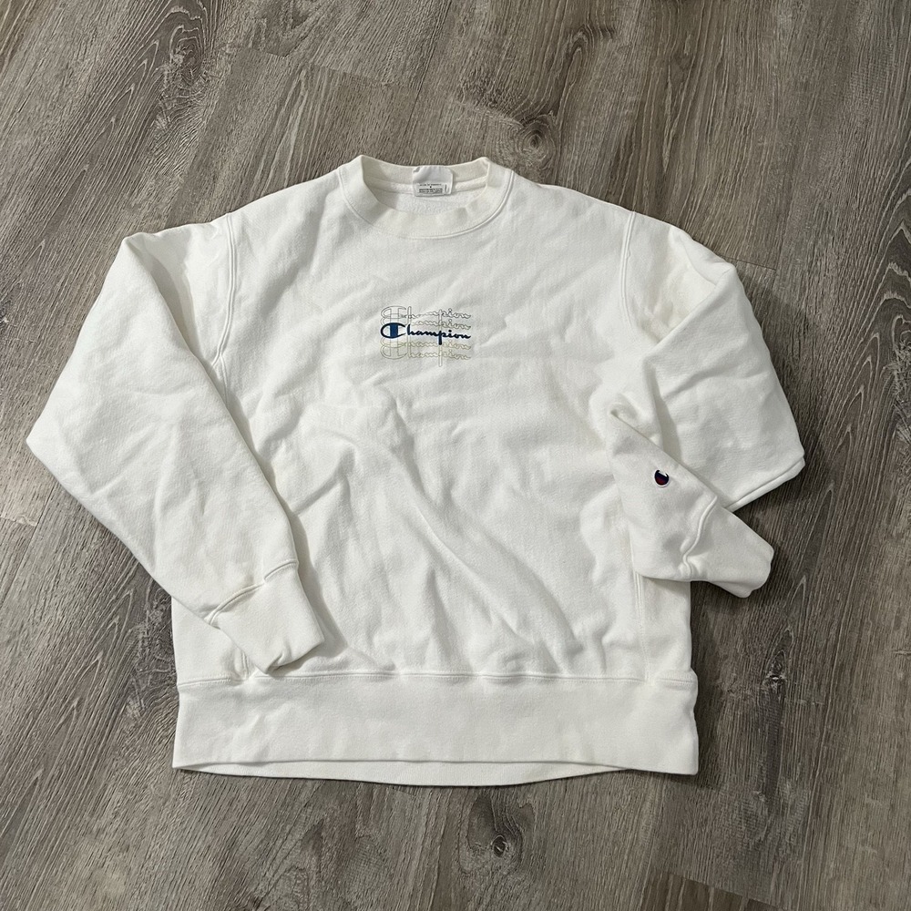 Champion Reverse Weave Medium White Sweatshirt Logo Fleece Crew Neck